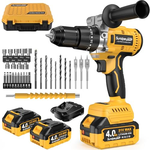SundpeyPRO Taladro Percutor Bateria 120Nm - 21V Sin Escobillas Taladro Atornillador Inalámbrico con 2 Baterías 4.0Ah, 20+3 Ajuste de Par Destornillador Electrico, 13mm Portabrocas, 2 Velocidad