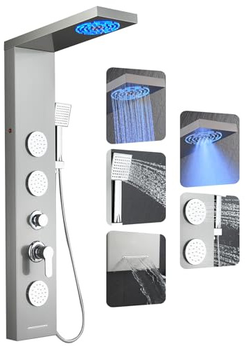 ROVOGO Shower Panel Tower System with Led Lights, 2-Mode Shower Head, 3 Body Jets, Handheld and Tub Spout, 46.5 Stainless Steel Shower Column with Mixer Valve, Brushed