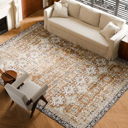 VEVOR Area Rug, 9 x 12 ft Large Washable Rug, Non-Slip and Tear-Resistant Soft Carpet, Pet & Child Friendly Vintage Area Rugs, Indoor Mat for Bedroom, Living Room, Kids Room, Office, Brown Green