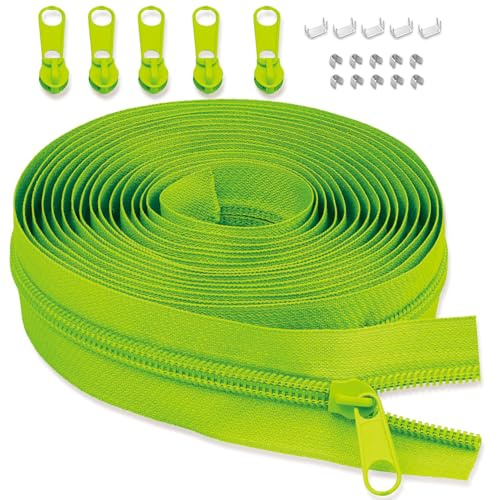 LHZHLE Cremallera continua de 5 mm con cremallera: 3,65 m amarillo fluorescente, cremallera de nailon – por metro con 5 tiradores de cremallera para costura, ropa de cama y almohadas
