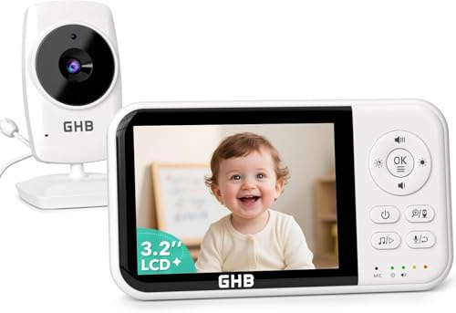 GHB Baby Monitor with Camera and Night Vision, 3.2 Inch Screen, 2-Way Audio, Temperature Sensor, 2X Zoom, Lullabies, Feeding Reminder, ECO Mode