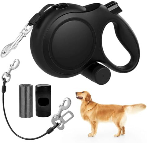 Utdragbart hundkoppel 8 m trasselfritt hundkoppel med bettskydd och påsdispenser, utdragbar koppel med halkfritt handtag för hundar 15–50 kg svart