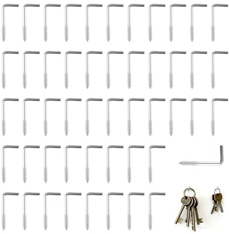 Funver 50Pcs Gonds à vis acier zingué, pitons à visser vis, Crochet en L, Crochet à pas de droit, Lot de 50, 1-5/16 x 9/16 (34mmx15mm)