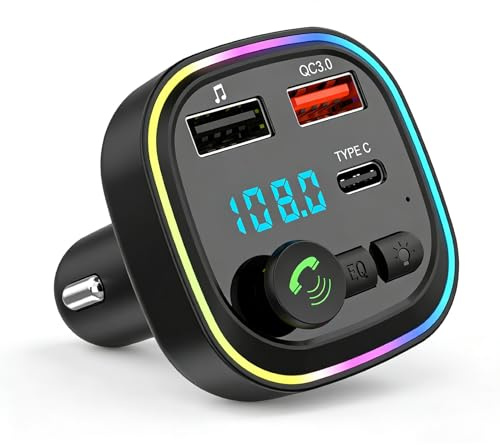 Transmetteur FM Bluetooth Voiture, Allume Cigare Bluetooth, Kit MP3 sans Fil à Charge Rapide QC3.0, 2 Ports USB 5V/3A, Chargeur Rapide de Voiture PD 20W QC3.0+Type C, Support Carte TF/USB