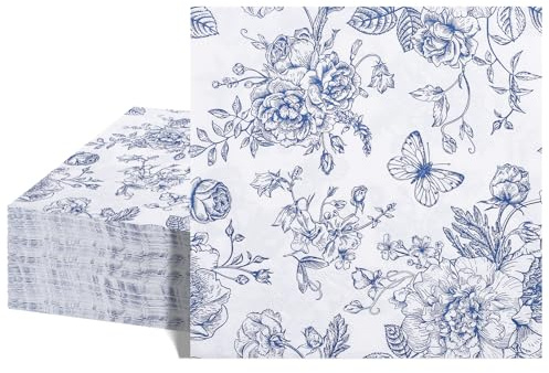 NatNarr 40 Pcs Blue Floral Napkins, Blue and White Decoupage Napkins | Disposable Flowers Beverage Napkin for Bridal Baby Shower Mother's Day Easter Tea Party Supplies