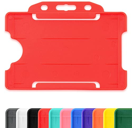 RED Single Sided Rigid Slide in Open Faced ID Card Badge Holders Horizontal/Landscape Identity Plastic Pass Protector - Holds a 86mm 54mm cr80 Credit Card Sized