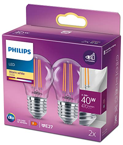 Philips LED Classic E27 Lampe, 40 W, Tropfenform, klar, warmweiß, Doppelpack