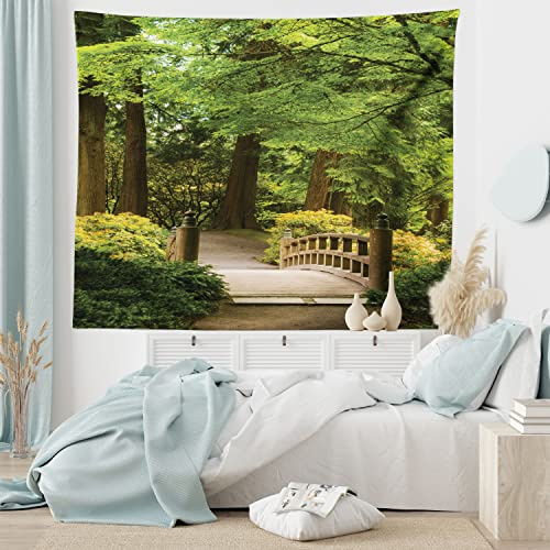 Ambesonne Japanese Tapestry, Wooden Bridge over Pond in Garden Calmness in Shadow of Trees Serenity in Nature, Fabric Wall Hanging Decor for Bedroom Living Room Dorm, 45 X 30, Green Brown
