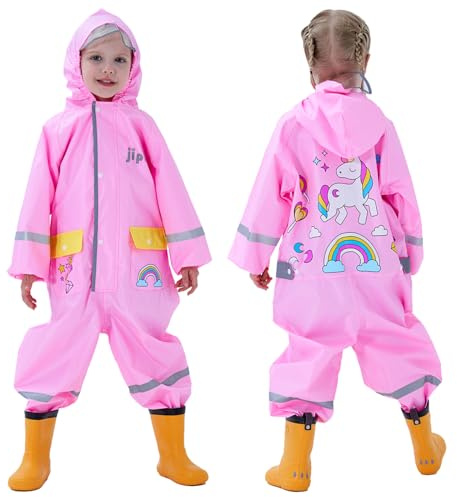 Domueay Puddle Suit Girls Children Waterproof All in one Rainsuit Hooded Breathable Raincoat Lightweight Rainwear One Piece Outdoor Rain Muddy Suit with Transparent Brim for Kids 2-4 years,Pink Horse