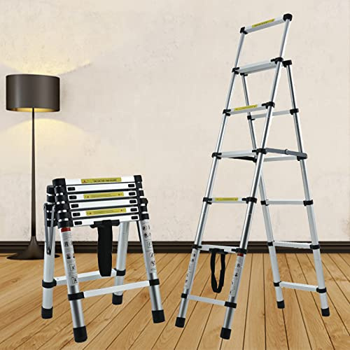 5.5FT A-Frame Aluminum Extension Ladder Adjustable Folding Telescoping Ladder 330lb Max Load Portable Multi-Purpose Step Ladder Anti-Slip Steps Lightweight Easy to Use EN131 Safe Standard