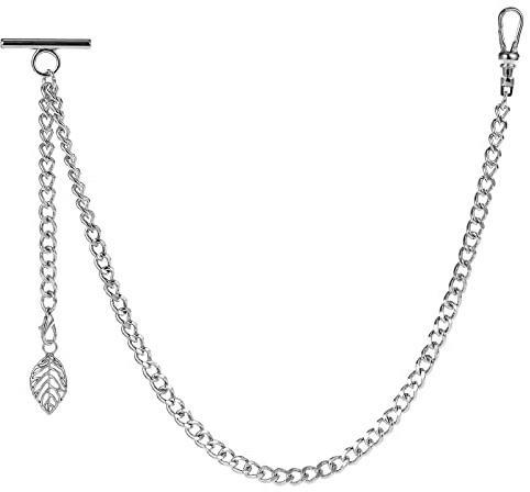 ZTA Albert Chaîne de montre de poche pour homme avec chaîne de gilet et fermoir pivotant avec pendentif en forme de feuille, Argent (Silver)