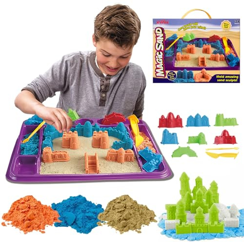 xwin sportseries Magic Sand Toys with Accessories Shape Mold Tray Bucket Fun Gift Toy for Boys Girls, Cars with Carry Case Make Your Own Craft DIY Activity for Kids (Assorted Sand Design)