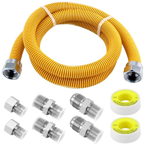AMI PARTS 48 Flexible Gas Line Kit Yellow Coated, Gas Hose Connector Kit for Dryer, Stove, Water Heater,5/8 OD(1/2 ID) Stainless Steel Gas Line with Connector 1/2 MIP &1/2FIP & 3/4MIP Fitting