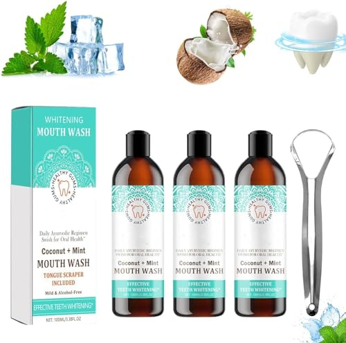 Coconut Mint Mouthwash,Mint Oil Pulling Mouthwash with Tongue Scraper,Coconut Oil Pulling for Teeth,Natural Essential Oils with Peppermint,Fresh Breath (3 Pcs)