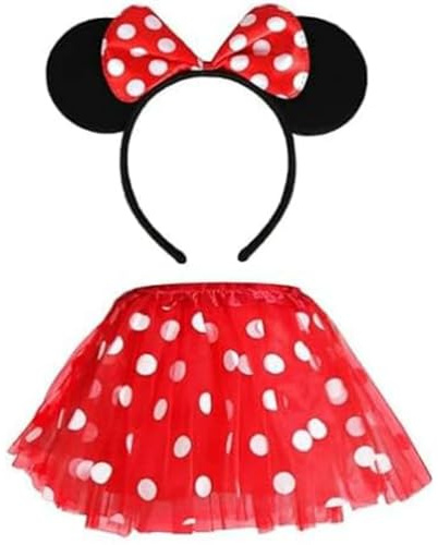 Costume Oreilles Souris, Jupe à Pois avec Bandeau Tutu, Costume de Souris Femme, Tutu Rouge à Points, Kit Déguisement, Rouge, 2 Pièces