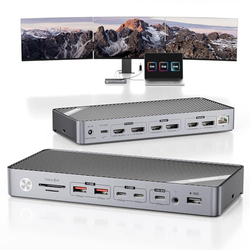 Minisopuru DisplayLink-Dockingstation für 3 Monitore mit 140-W-Ladegerät, 8K/4K USB-C-Dockingstation für MacBook,Thunderbolt 4/3, Windows (3 x HDMI,3 x DisplayPort,5 x USB-Daten & -Aufladung,TF/SD)