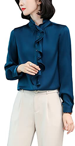 Valin Chemise en Soie Bleu Foncé Unie Manches Longues Col Montant Blouse À Boutons Soie Femme,XL,S3391