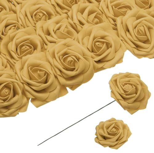 QUARKZMAN 25pz Rose Schiuma Fiori Artificiali, Rose Finte con Steli Schiuma Real Touch Rose Finte per Matrimoni, Feste, Uffici, Docce, Decorazioni Casa, Oro