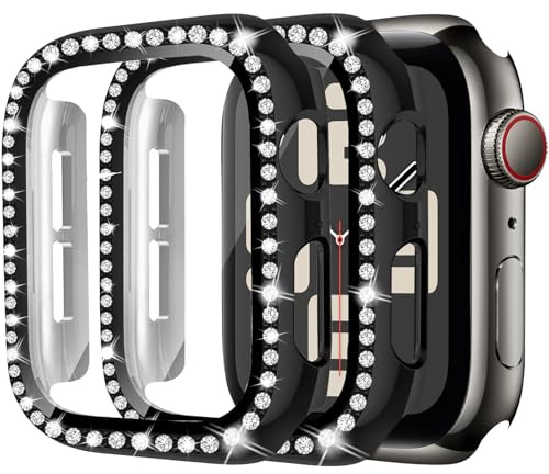 2 Stück Bling Hülle für Apple Watch Schutzhülle 44mm für Damen,Harte PC Diamant Glitzer vollständiger Schutz Displayschutz für iWatch Serie 10 9 8 7 6 5 4 SE,01-Schwarz/Schwarz
