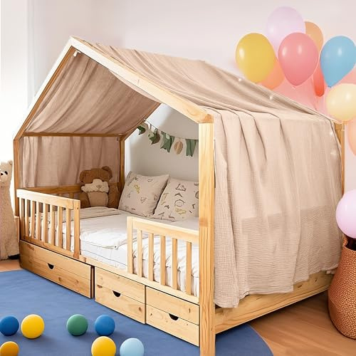 FloraVigo Handgefertigte Bettdecke für den Innenbereich, 100% Baumwolle, Musselin, Bettüberwurf für Zuhause, Bettdekoration, geeignet für Mädchen, Jungen (132 x 360cm Hellbeige)