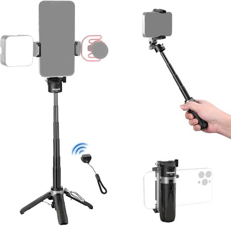 NEEWER Palo Selfie con Obturador Remoto Bluetooth Desmontable, trípode de Viaje Plegable Ligero para iPhone, Soporte de teléfono de 360°, Zapata fría para Youtube/TikTok, Vlogs en Vivo, fotografía