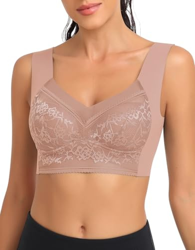 SERSARY mjuk bh spets dam utan bygel bustier vadderad dam avlastande minimizer t-shirt bh komfort sömn pull on bh ventilerande mjuka skal breda remmar, Gråaktig rosa, M