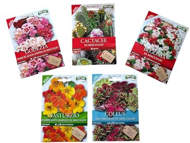 FIORAL-OFFERTA 5 BUSTE Di Semi Da Piantare-Godezia, Cactacee, Begonia, Nasturzio, Coleus. Sementi Selezionate e di Alta Qualità. L'Ortolano Fioral.
