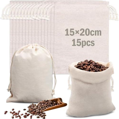 ZMDMAH 15 Saquitos de Algodón con Cordón, 20 x 15 cm - Bolsas de Tela, Lino y Yute para Rellenar