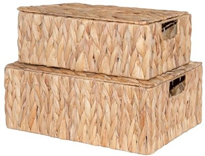 Wickerfield Water Hyacinth Woven Storage Box for Shelves Wicker Gift Hamper with Handle and Lid Home Bathroom Organiser (Large)