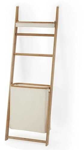 ZKBDBWTR Cesto Portaoggetti in Legno con Cesto Portabiancheria Sporco Rimovibile, Portasciugamani con Cesto, Mensola Decorativa a Forma di Scala da Appendere alla Parete