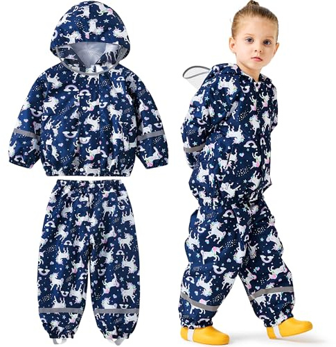 Baogaier Traje de Lluvia Impermeable para Niñas, Conjunto de Chaqueta y Pantalón de Lluvia Ligero, Exteriores Impermeables con Reflectante, Antiviento Chubasquero para 2-3 años, Unicornio Azul