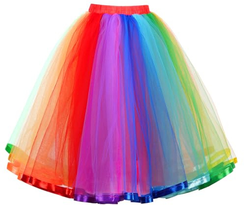 BSBUY Women's Tulle Tutu Skirts Adult Classic Elastic 4 Layered Tulle Tutu Skirt, 80's Tulle Tutu Skirt Ballet Halloween Costume Outfit for Dress-up Parties Dancing Halloween Party(Rainbow)