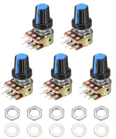 sourcing map 5 Set WH148 B50K Ohm Potentiometer Kit, 6-Pin Split Shaft Rotary Linear Dual Taper Rotary Audio Potentiometer with Knob Nut and Washer for Audio Volume Control, 20mm Shaft, Blue