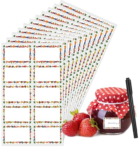 500 Jam Labels for Jars with Marker, Self Adhesive Jam Jar Labels | 67 x 45 mm Waterproof Food Label Stickers with Writable Surface for Kitchen Jars Bottles Containers Jams Preserves
