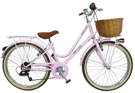 Stadscykel vintage retro citybike flicka söt vita cappuccino 24 tum 6 V (rosa)