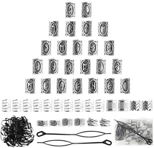 Xiciki Lot de 44 perles de cheveux à clipser, perles de barbe à clipser, bijoux de barbe pour hommes, pour dreadlocks, bijoux viking et bijoux de barbe pour hommes, avec 50 élastiques à barbe, 2 aide