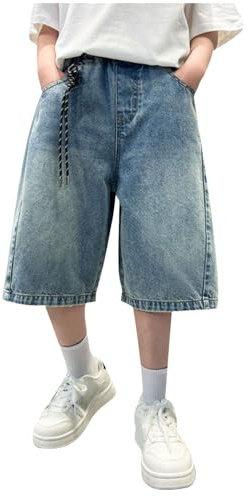 Short Jean pour garçon de Jogging Baggy Pantalon Sport Court Solide Printemps té Ample et Respirant Cargo Ado Garcon Taille élastique Longueur Genou Jambe Large décontracté (C-Blue, 15-16 Years)