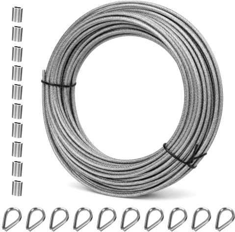 Stålvajer i rostfritt stål 3 mm, 30 m klättringshjälp spänntråd, mantel, med 20 aluminiumhylsor och 10 stålöppor