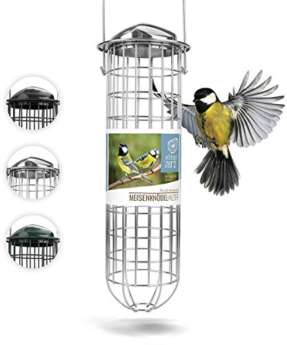Wildtier Herz Meisenknödelhalter in Edelstahl - Futterstation für 4 Meisenknödel, Wetterfest und Langlebig - Vogelfutterstation Hygienisch für Ganzjährige Vogelfütterung - 38x10 cm, Silber
