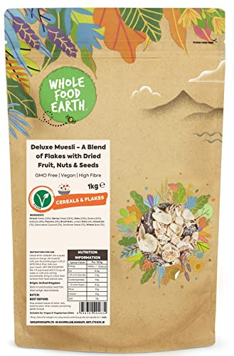 Wholefood Earth - Muesli deluxe, un mix di fiocchi con frutta essiccata, frutta secca e semi, 1 kg, senza OGM, ad alto contenuto di fibre