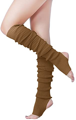 v28 Long Leg Warmer Women's Men 80s Party Ribbed Knit Dance Sports (Hole71-camel)