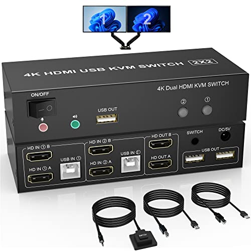 Dual Monitor HDMI KVM Switch 2 Port, 4K@60Hz Extended Display KVM Switch HDMI 2 in 2 Out mit Audiomikrofonausgang und 3 USB Ports, PC Monitor Keyboard Mouse Switcher