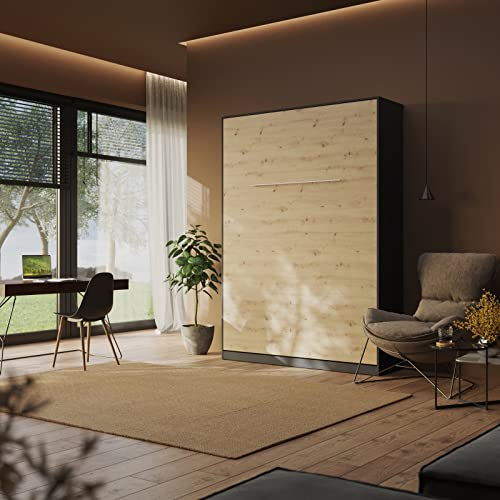 Schrankbett Standard 140x200 Vertikal Anthrazit/Wildeiche ausklappbares Wandbett, ideal geeignet als Wandklappbett fürs Gästezimmer, Büro, Wohnzimmer, Schlafzimmer