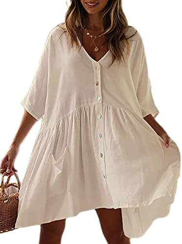 HYUET Mujer Vestido Corto de Playa Mujer Pareos y Camisola de Playa Sexy Verano Túnica Ropa Traje de Baño Bikini Cover Up Color Sólido Blusa Tops Talla Grande Elegante con Boton
