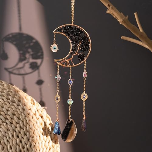 Moon Crystals - Acchiappasogni con albero della vita, gemma naturale in agata da appendere alla parete, per finestre, giardino, decorazione per la casa (nero)
