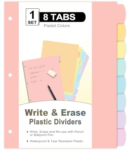 8 Count/1 Set Write & Erase Binder Dividers with Tabs, Plastic 8 Tab Dividers for 3 Ring Binder Letter Size, Separators for Student School Home Office Document Organizer, Pastel
