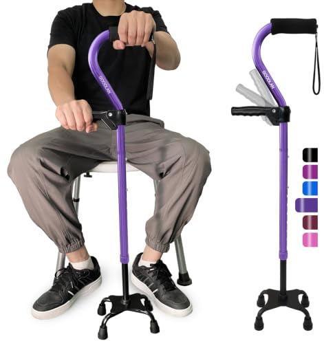 Quad Walking Cane justerbar käpp för män och kvinnor och seniorer – lätt och robust med 4-bensad bas för extra stabilitet och balans, fristående skumvadderat offsethandtag för mjukt grepp (violett)