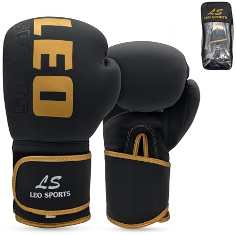 Leo Sports boxningshandskar, Pro Training Sparring, Maya Hide Läder, Muay Thai MMA kickboxing, män kvinnor, tung boxningsväska fokusträning, ventilerad handflata, flera lager, 10 12 14 16 (guld, 16 oz