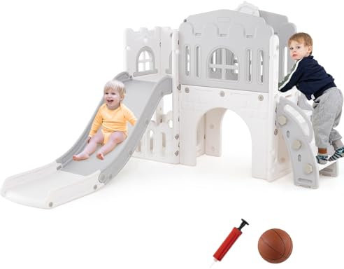 COSTWAY Scivolo per Bambini 9 in 1, Set da Gioco con Canestro da Basket, Telescopio, Volante, Corridoio, Tunnel e Spazio di Archiviazione, Scivolo da Interno ed Esterno per 1+ Anni (Grigio+Bianco)