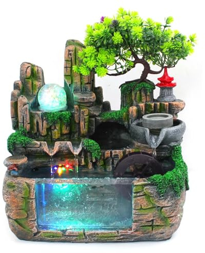 Fontana da interni a LED con nebulizzatore, fontana da tavolo in resina con 3 getti d'acqua, fontana silenziosa per decorazione di interni, cascata moderna per soggiorno e ufficio, marrone-verde